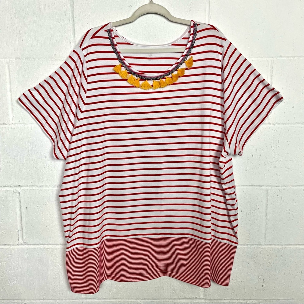 Woman Within Short Sleeve Tee Red &‎ White Striped Tassel Neckline Americana 3X